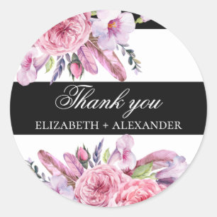 Boho pink flowers and feathers wedding thank you classic round sticker