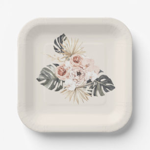 Boho Pink Flowers Birthday Party Paper Plate