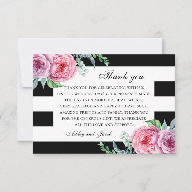 Boho pink flowers. Black and white floral wedding Thank You Card (Front)