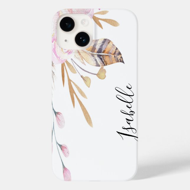 Boho pink flowers feathers white name Case-Mate iPhone case (Back)