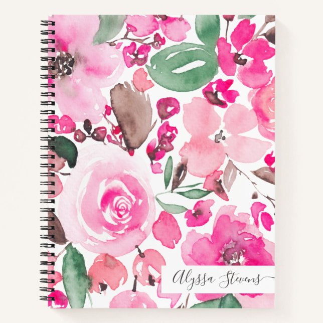 Boho pink flowers floral watercolor pattern notebook (Front)