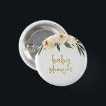 Boho Pink Flowers & Gold Baby Shower 3 Cm Round Badge<br><div class="desc">A bohemian design featuring "baby shower" in a brushed gold script framed by hand painted blush pink watercolor flowers and gold confetti. This design is great for outdoor or floral themed showers.</div>