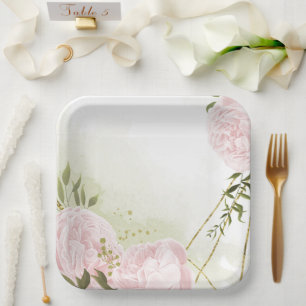 Boho pink flowers green leaves botanical paper plate