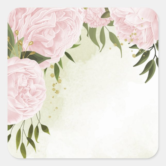 Boho pink flowers green leaves botanical square sticker (Front)