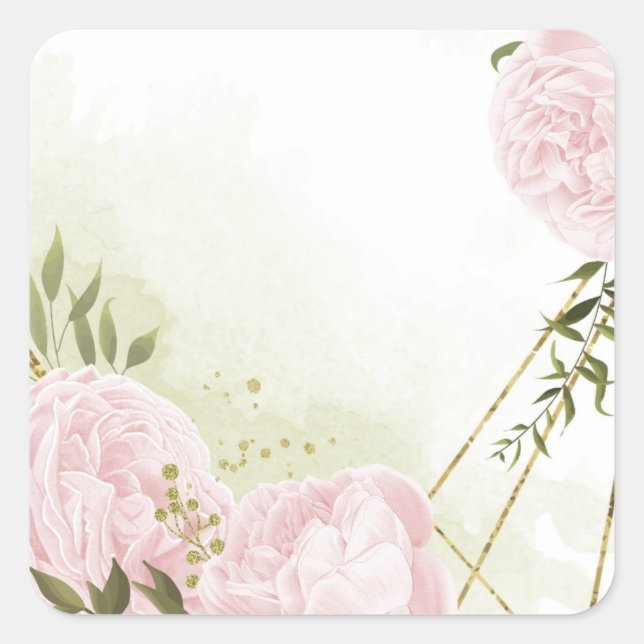 Boho pink flowers green leaves botanical square sticker (Front)