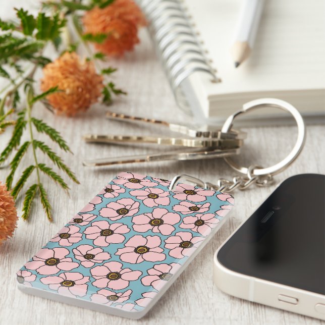 Boho Pink Flowers On Blue  Key Ring (Front Right)