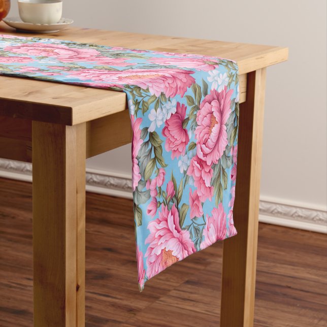 Boho pink flowers on blue short table runner (In Situ)
