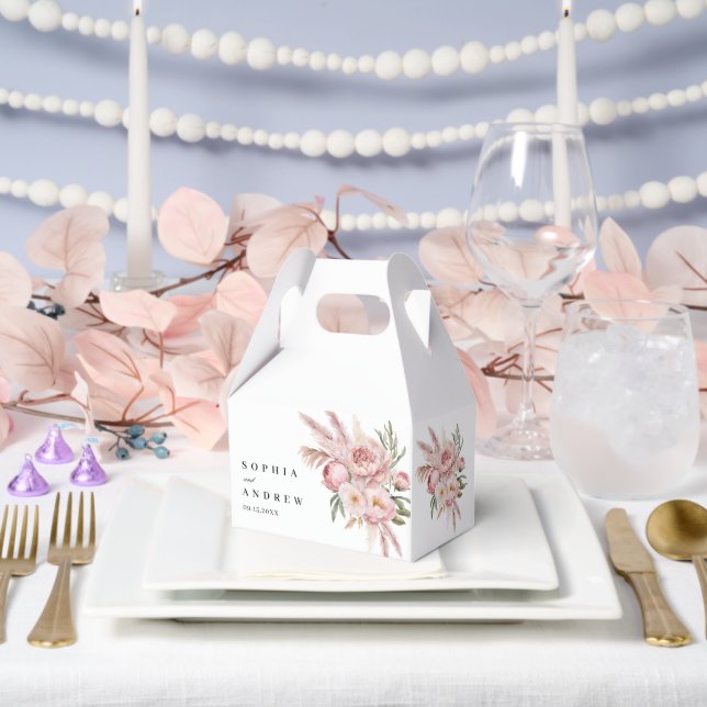 Boho Pink Flowers Pampas Grass Wedding Favour Box (Wedding)