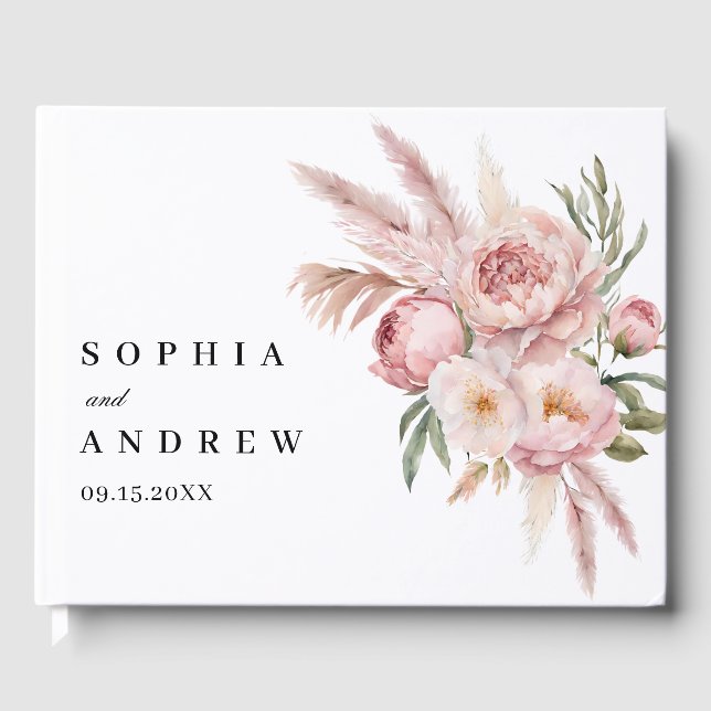 Boho Pink Flowers Pampas Grass Wedding Guest Book (Front)
