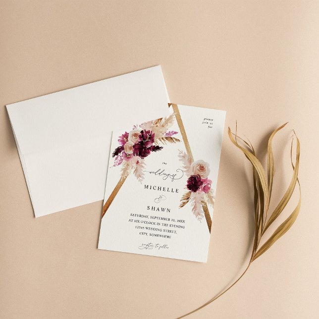 Boho Pink Frame Pampas Grass Floral Wedding Invitation (Creator Uploaded)
