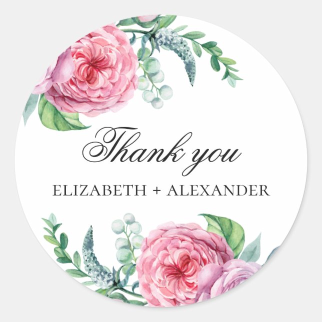Boho pink garden flowers. Floral wedding thank you Classic Round Sticker (Front)