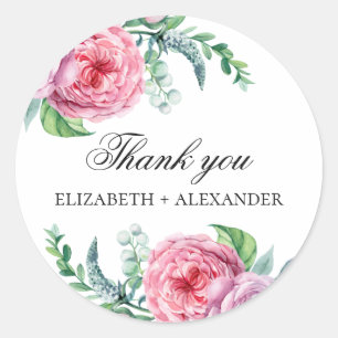 Boho pink garden flowers. Floral wedding thank you Classic Round Sticker
