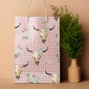 Boho Pink Gingham Cow Skull Floral Large Gift Bag