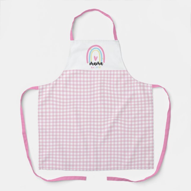 Boho Pink Gingham Custom Mama Est. Year keepsake Apron (Front)