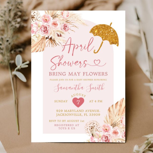 Boho Pink Gold April Showers Baby Shower Invitation (Creator Uploaded)