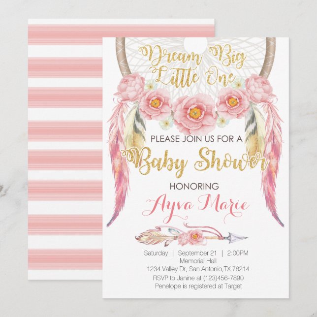 Boho Pink Gold Dreamcatcher Baby Shower Invitation (Front/Back)