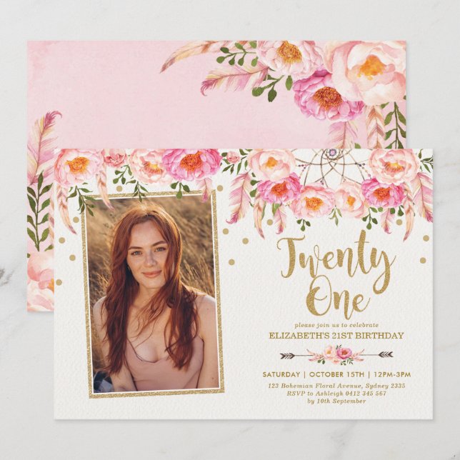 Boho Pink Gold Floral Dreamcatcher 21st Birthday Invitation (Front/Back)