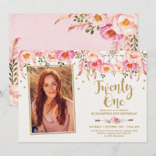 Boho Pink Gold Floral Dreamcatcher 21st Birthday Invitation