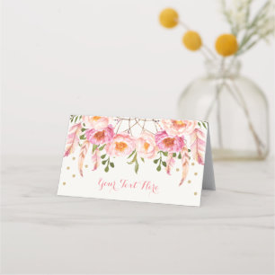 Boho Pink Gold Floral Dreamcatcher Birthday Shower Place Card