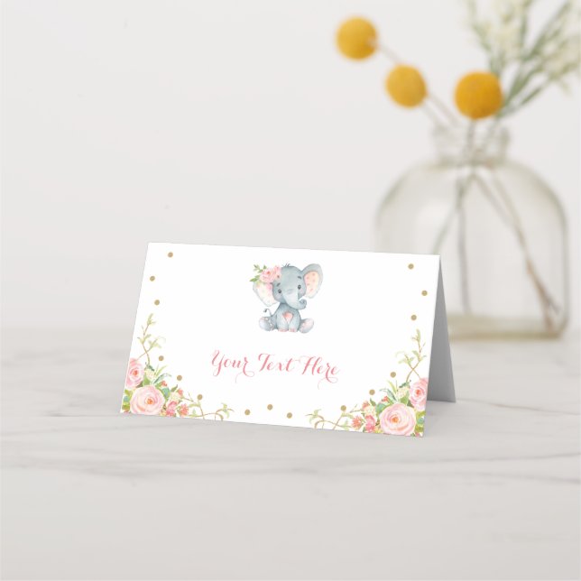 Boho Pink Gold Floral Elephant Baby Shower Decor Place Card (Front)