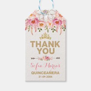 Boho Pink Gold Flowers Quinceanera Favours Gift Tags