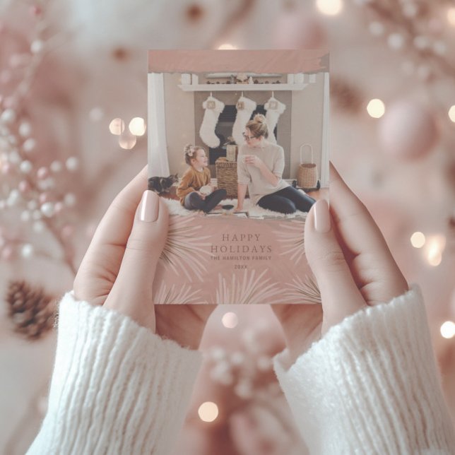 Boho Pink & Gold Foliage & Photo Christmas  Holiday Card (Creator Uploaded)