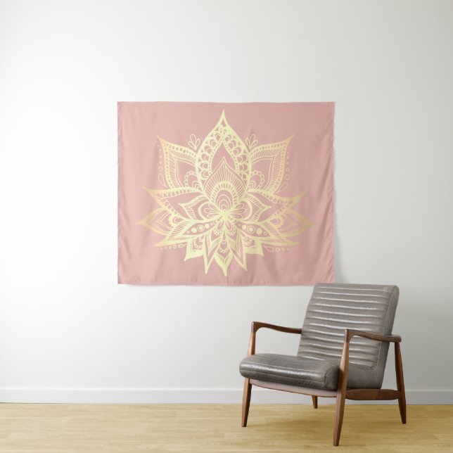 Boho Pink Gold Lotus Flower Mandala Art Tapestry (In Situ (Horizontal))