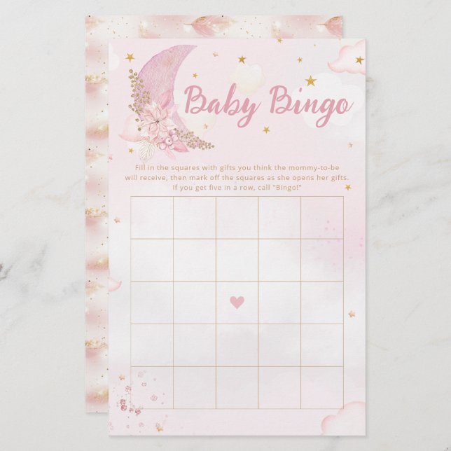 Boho Pink & Gold Moon Baby Shower Bingo Game (Front/Back)