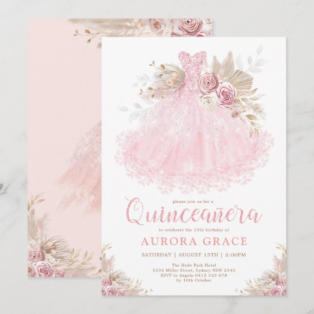 Boho Pink Gold Quinceañera Princess Dress Birthday Invitation (Front/Back)