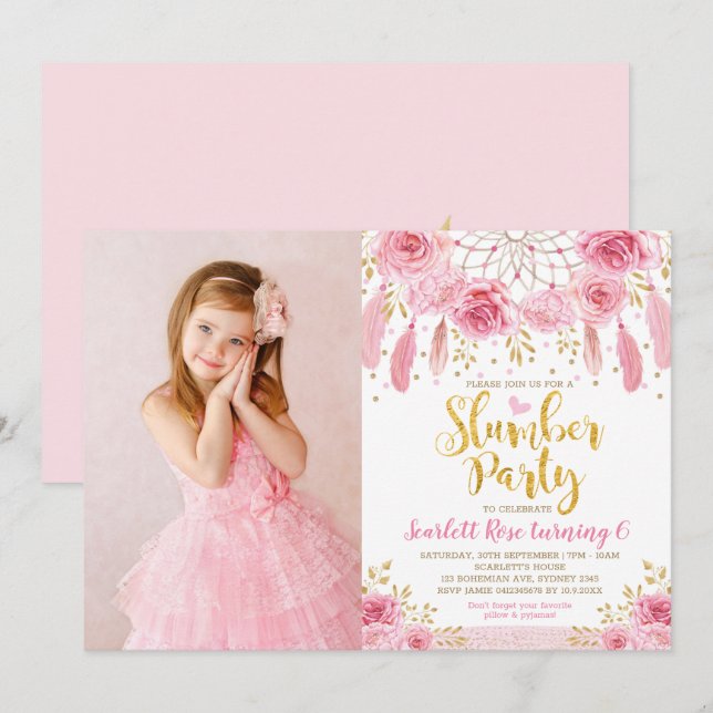 Boho Pink Gold Roses Dream Catcher Slumber Party Invitation (Front/Back)
