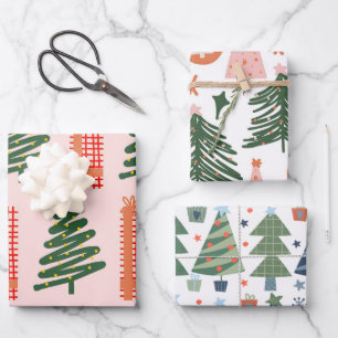 Boho Pink Green Blue Christmas Trees Holiday Wrapping Paper Sheet