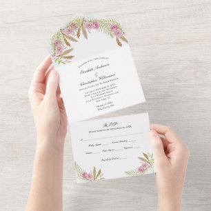 Boho Pink Green Botanical Floral Wedding All In One Invitation