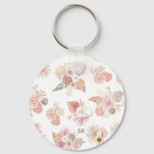 Boho Pink Green Brown Floral Keychain