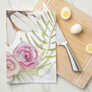 Boho Pink Green Brown White Floral Trendy Tea Towel