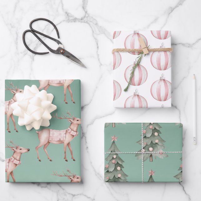 Boho Pink Green Christmas Deer Trees Wrapping Paper Sheet (Front)
