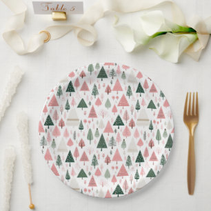 Boho Pink Green Christmas Trees Christmas Holiday Paper Plate