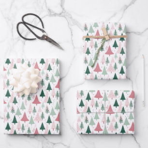 Boho Pink Green Christmas Trees Holiday Seasonal Wrapping Paper Sheet