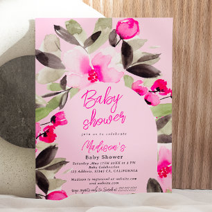 Boho pink green floral watercolor baby shower invitation