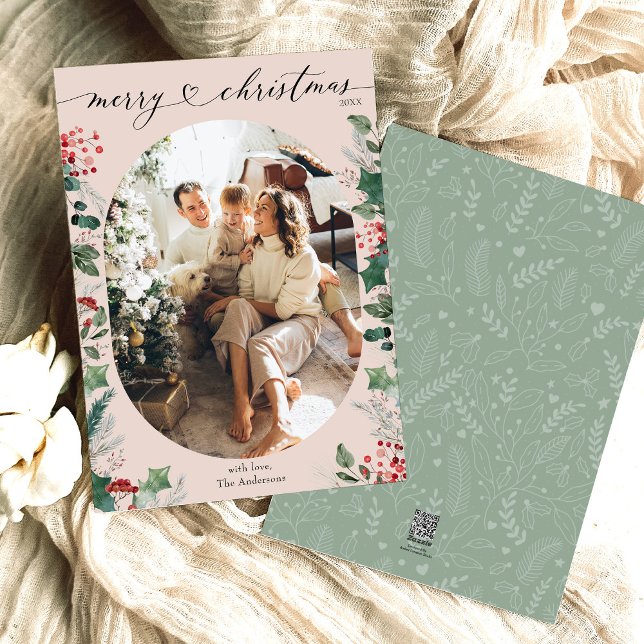 Boho Pink Green Oval Photo Merry Christmas Card (Creator Uploaded)