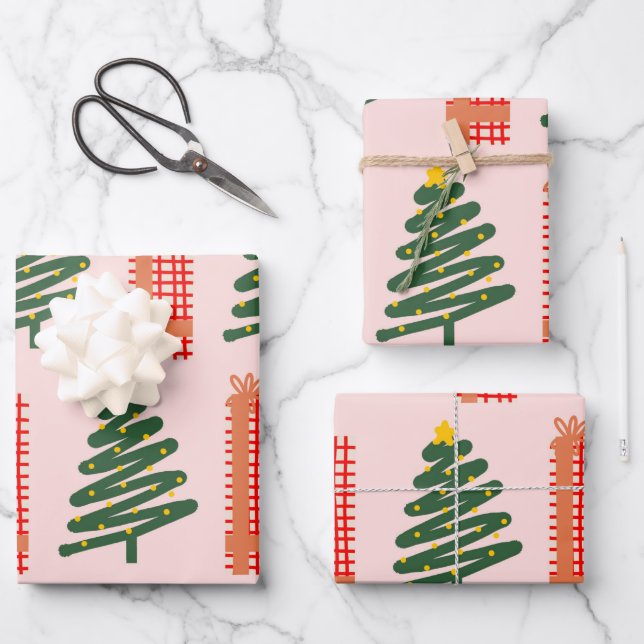 Boho Pink Green Red Christmas Trees Holiday  Wrapping Paper Sheet (Front)