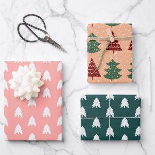Boho Pink Green Red White Christmas Trees Holiday Wrapping Paper Sheet