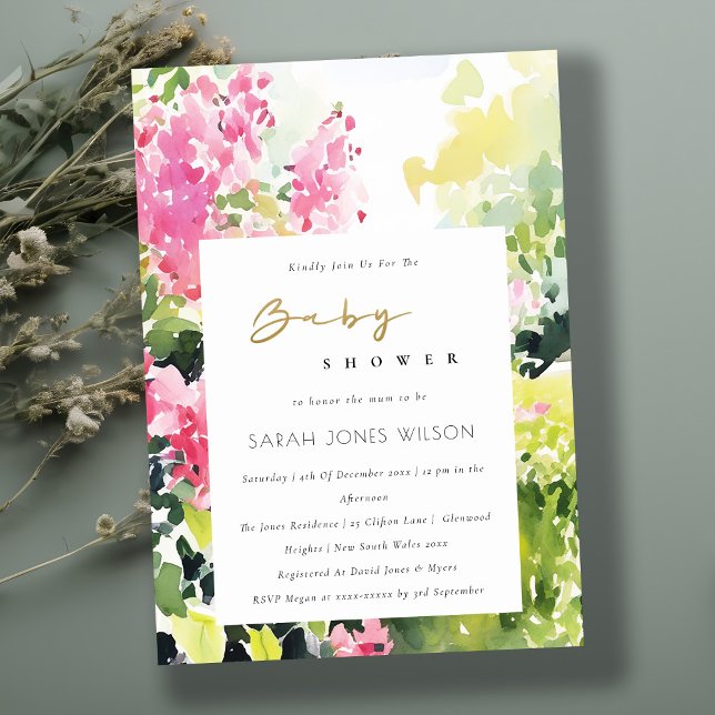 Boho Pink Green Tropical Bougainvillea Baby Shower Invitation (Creator Uploaded)