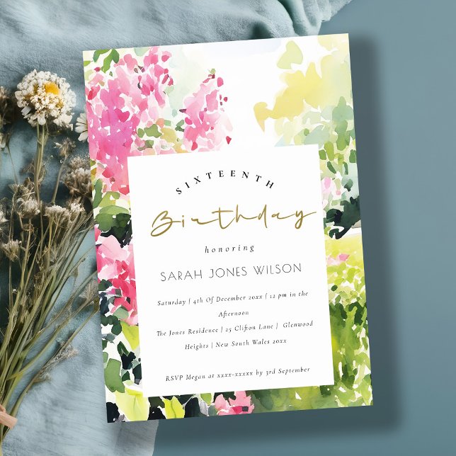 Boho Pink Green Tropical Bougainvillea Birthday Invitation (Creator Uploaded)