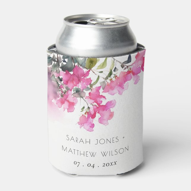 Boho Pink Green Tropical Bougainvillea Wedding Can Cooler (Can Front)