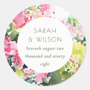 Boho Pink Green Tropical Bougainvillea Wedding Classic Round Sticker