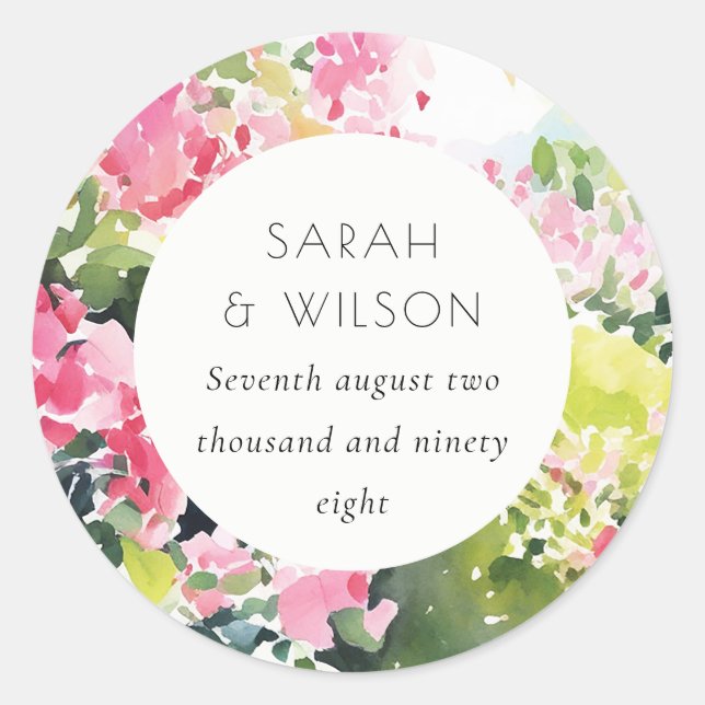 Boho Pink Green Tropical Bougainvillea Wedding Classic Round Sticker (Front)