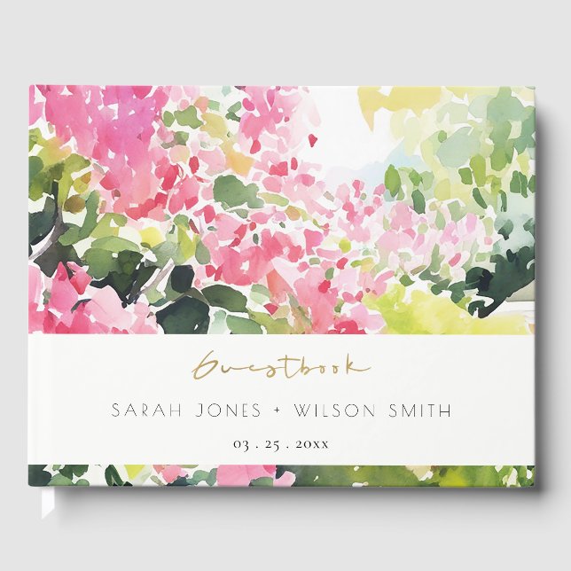 Boho Pink Green Tropical Bougainvillea Wedding Guest Book (Front)