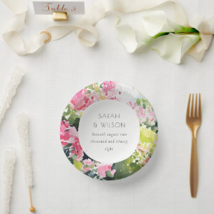 Boho Pink Green Tropical Bougainvillea Wedding Paper Plate