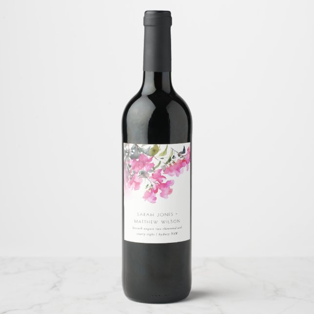 Boho Pink Green Tropical Bougainvillea Wedding Wine Label (Front)