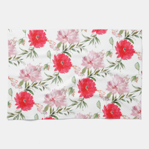 Boho Pink & Green Watercolor Summer Flowers Tea Towel